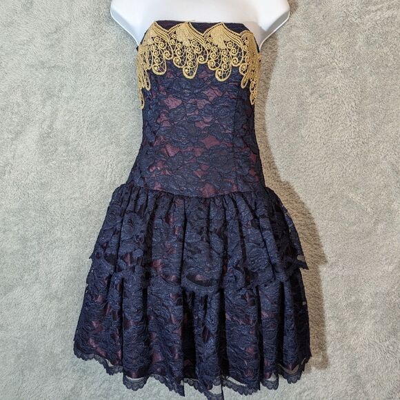 Vintage 80s Scott McClintock Navy Lace Purple Gold Trim Strapless Dress Size 5 - Picture 1 of 11